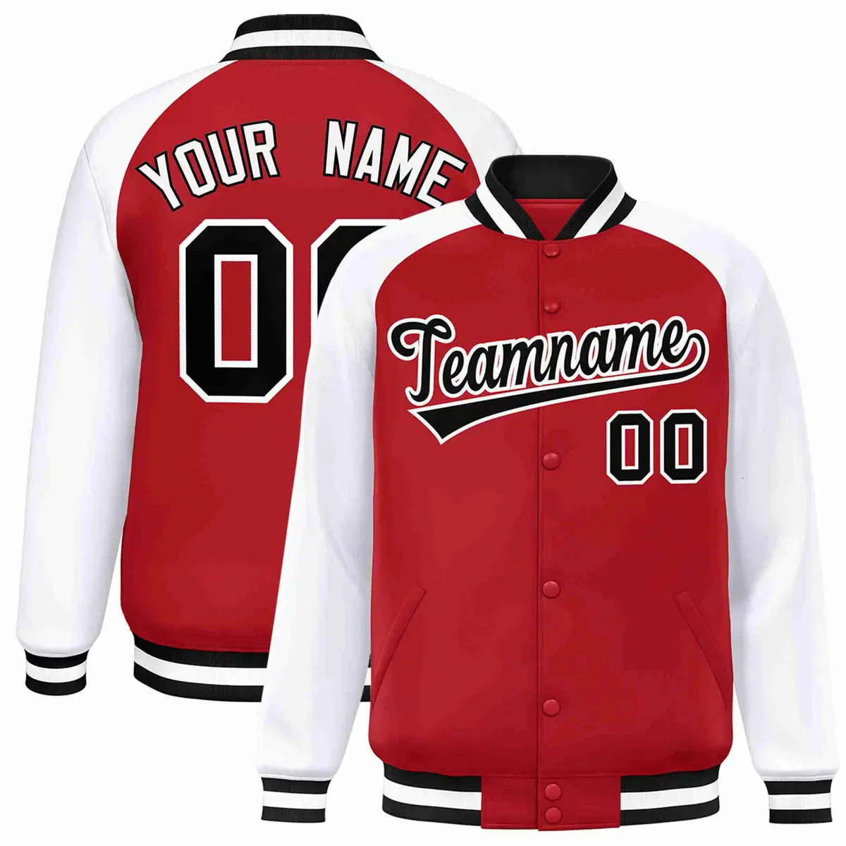 Red Black-White Raglan Full-Snap Varsity Letterman Jacket