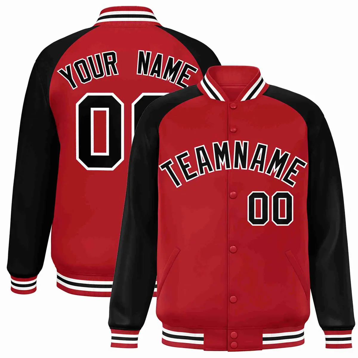 Red Black-White Raglan Full-Snap Varsity Letterman Jacket