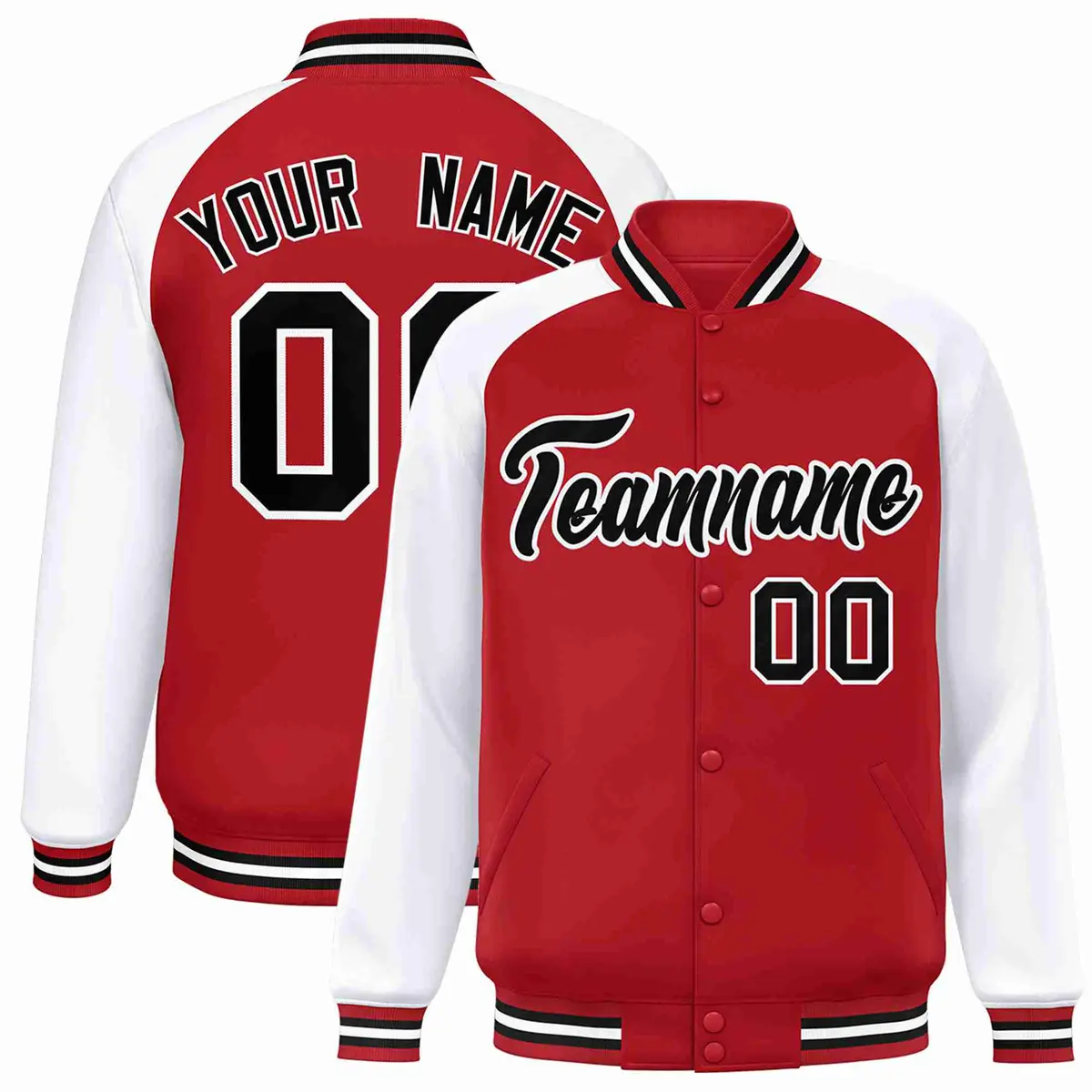 Red Black-White Raglan Full-Snap Varsity Letterman Jacket