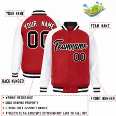 Red Black-White Raglan Full-Snap Varsity Letterman Jacket 2