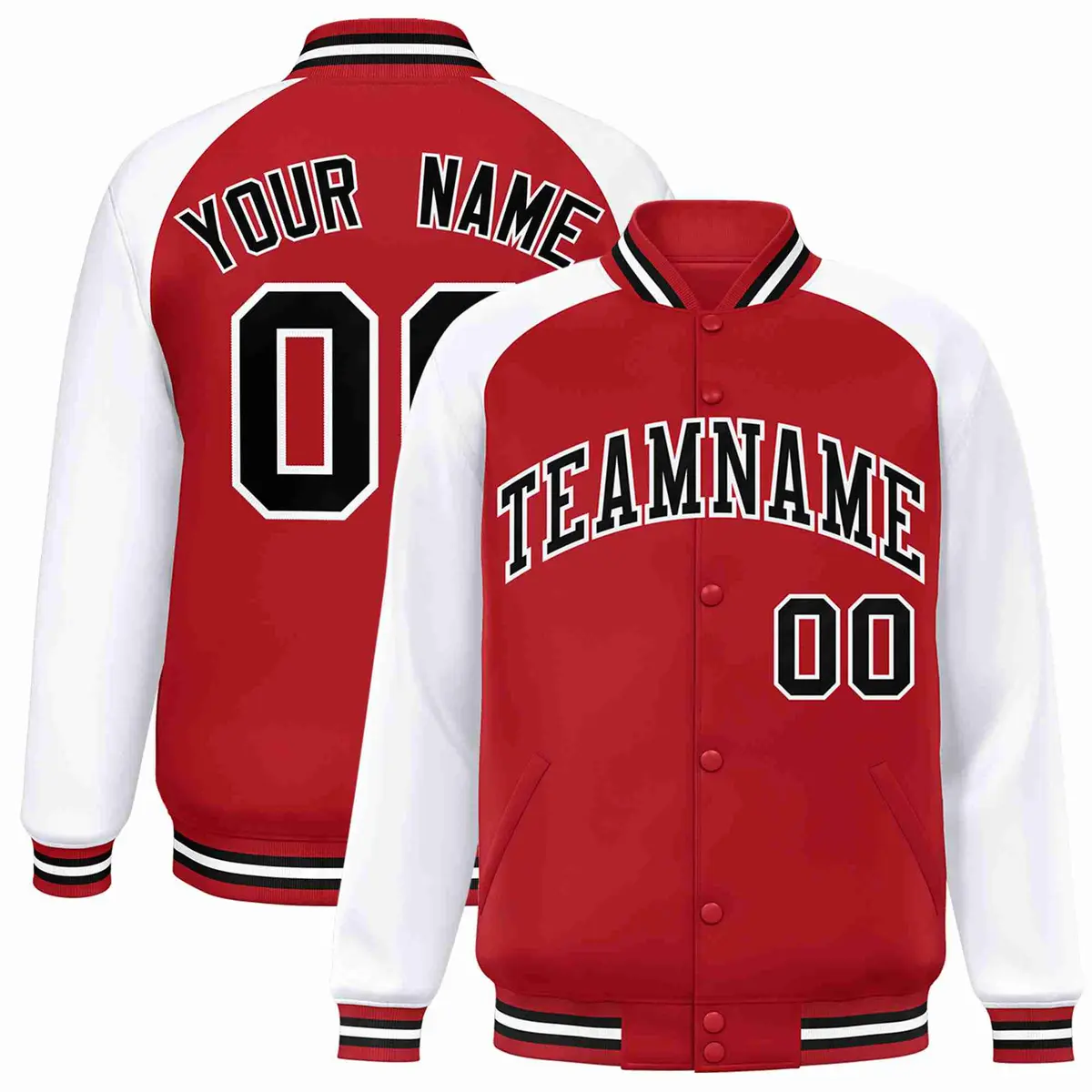 Red Black-White Raglan Full-Snap Varsity Letterman Jacket