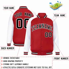 Red Black-White Raglan Full-Snap Varsity Letterman Jacket 2