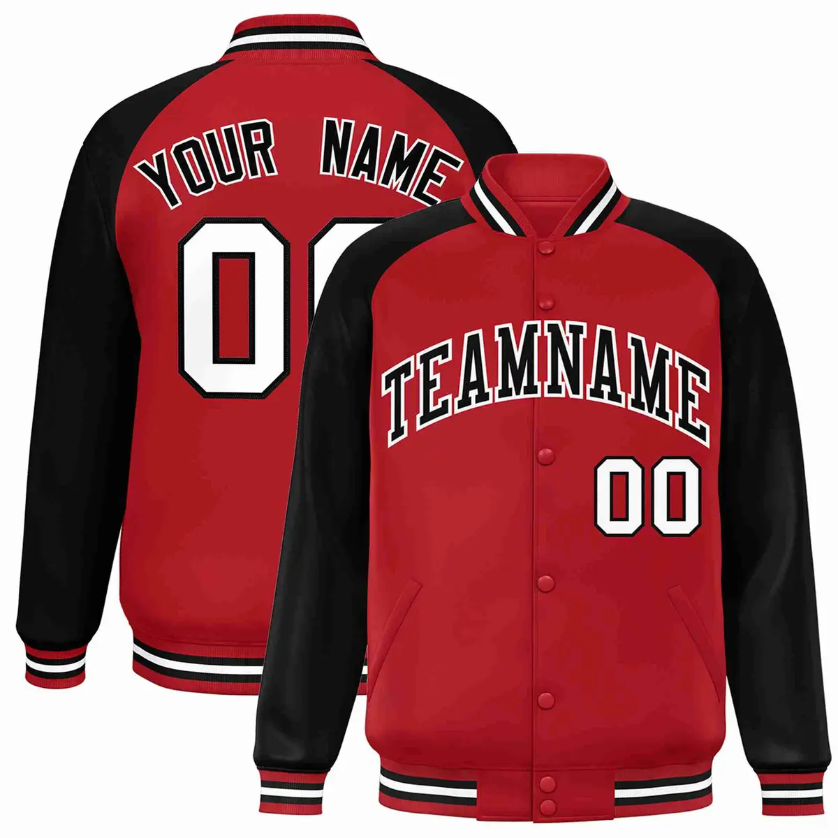 Red Black-White Raglan Full-Snap Varsity Letterman Jacket