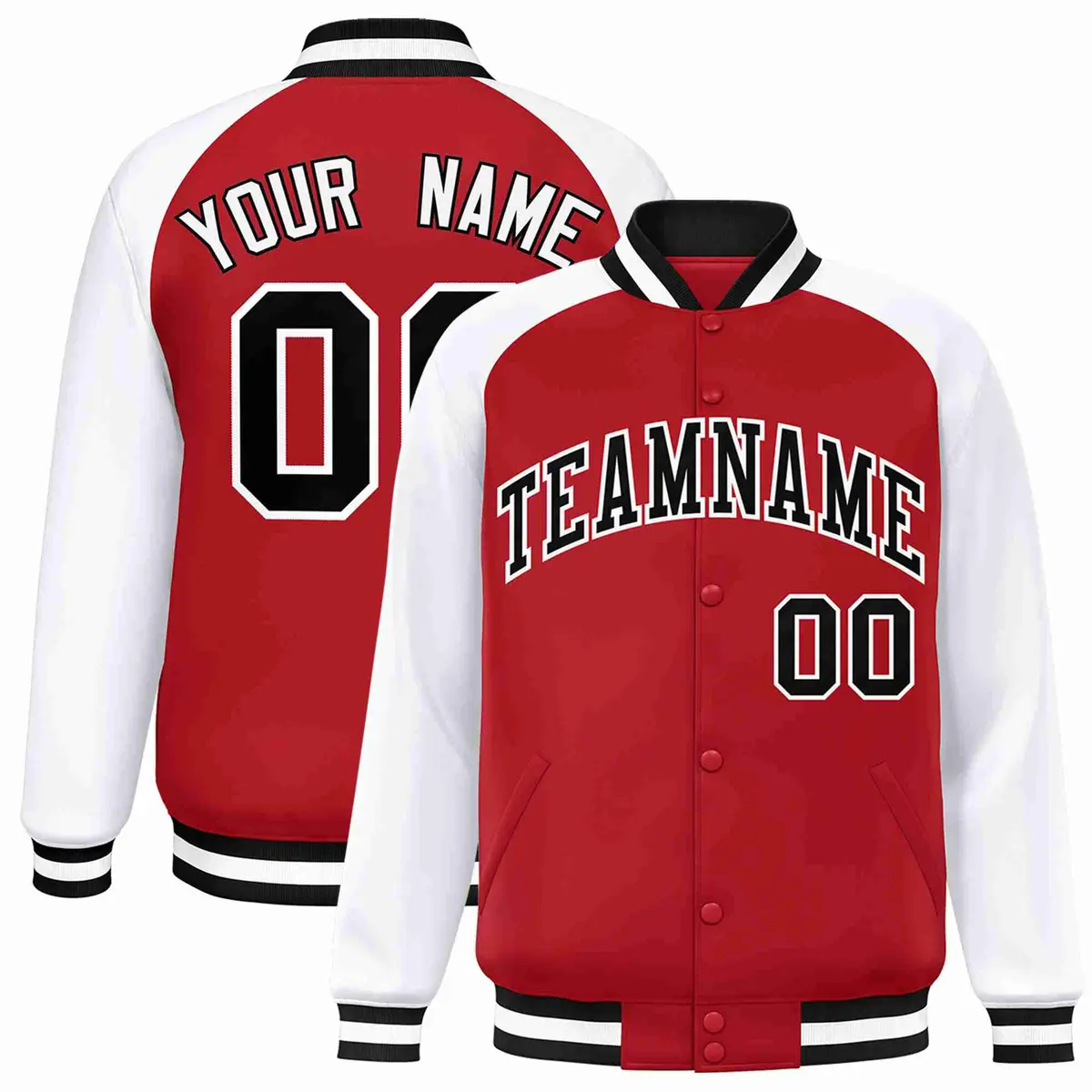 Red Black-White Raglan Full-Snap Varsity Letterman Jacket