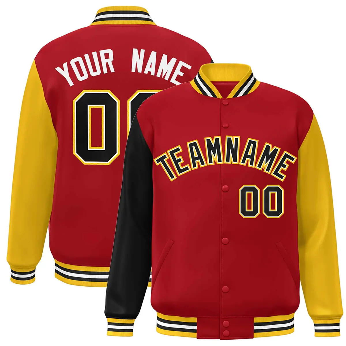 Red Black-White Raglan Full-Snap Varsity Letterman Jacket