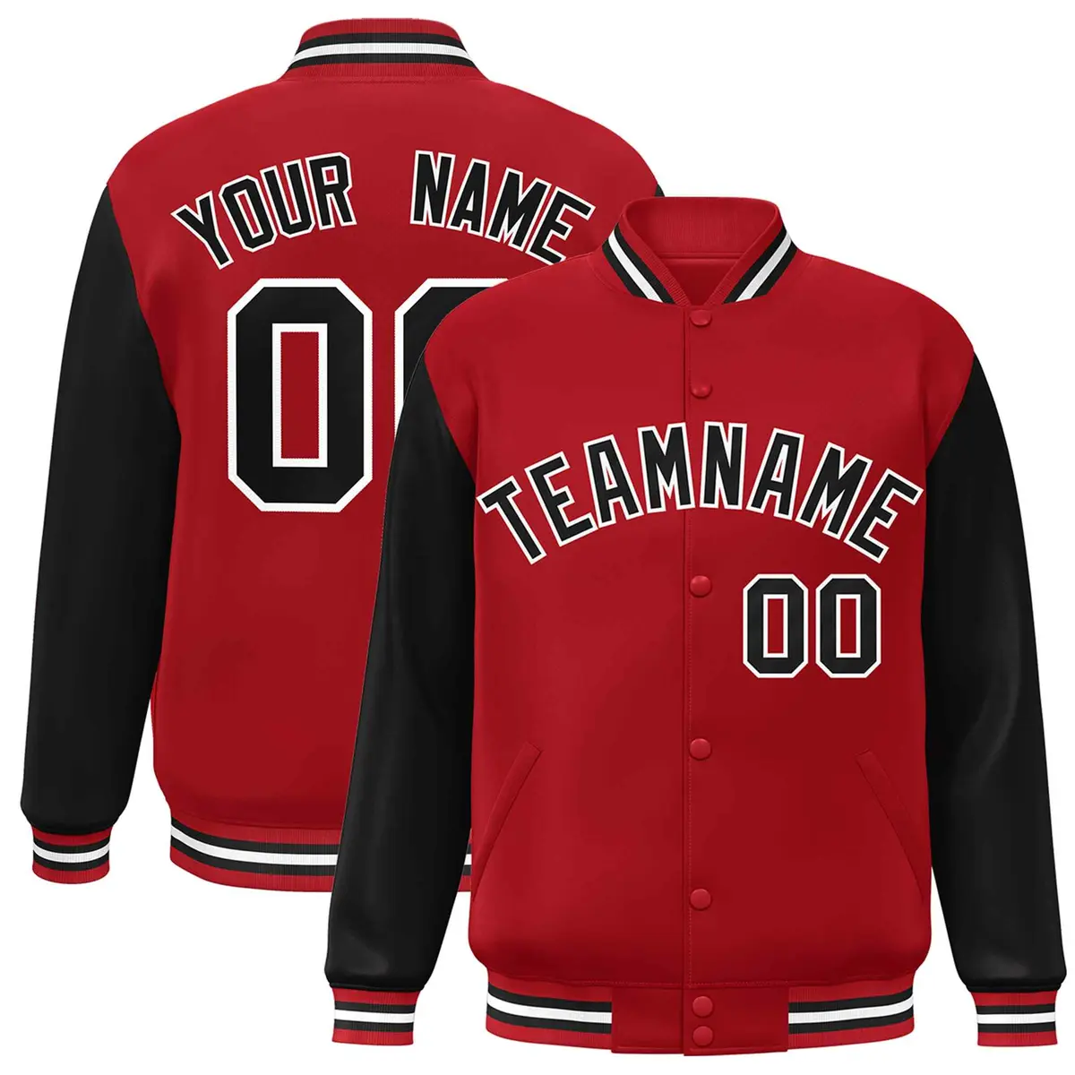 Red Black-White Raglan Full-Snap Varsity Letterman Jacket