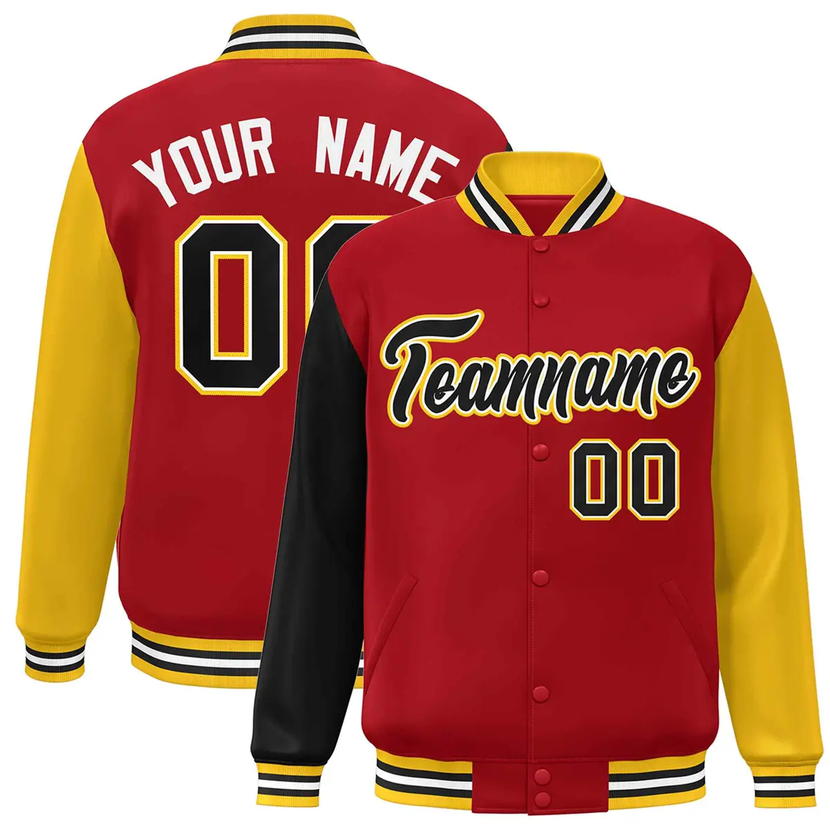 Red Black-White Raglan Full-Snap Varsity Letterman Jacket