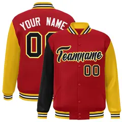 Red Black-White Raglan Full-Snap Varsity Letterman Jacket
