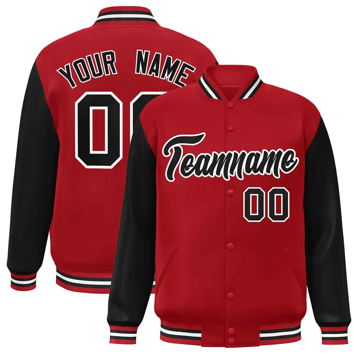 Red Black-White Raglan Full-Snap Varsity Letterman Jacket