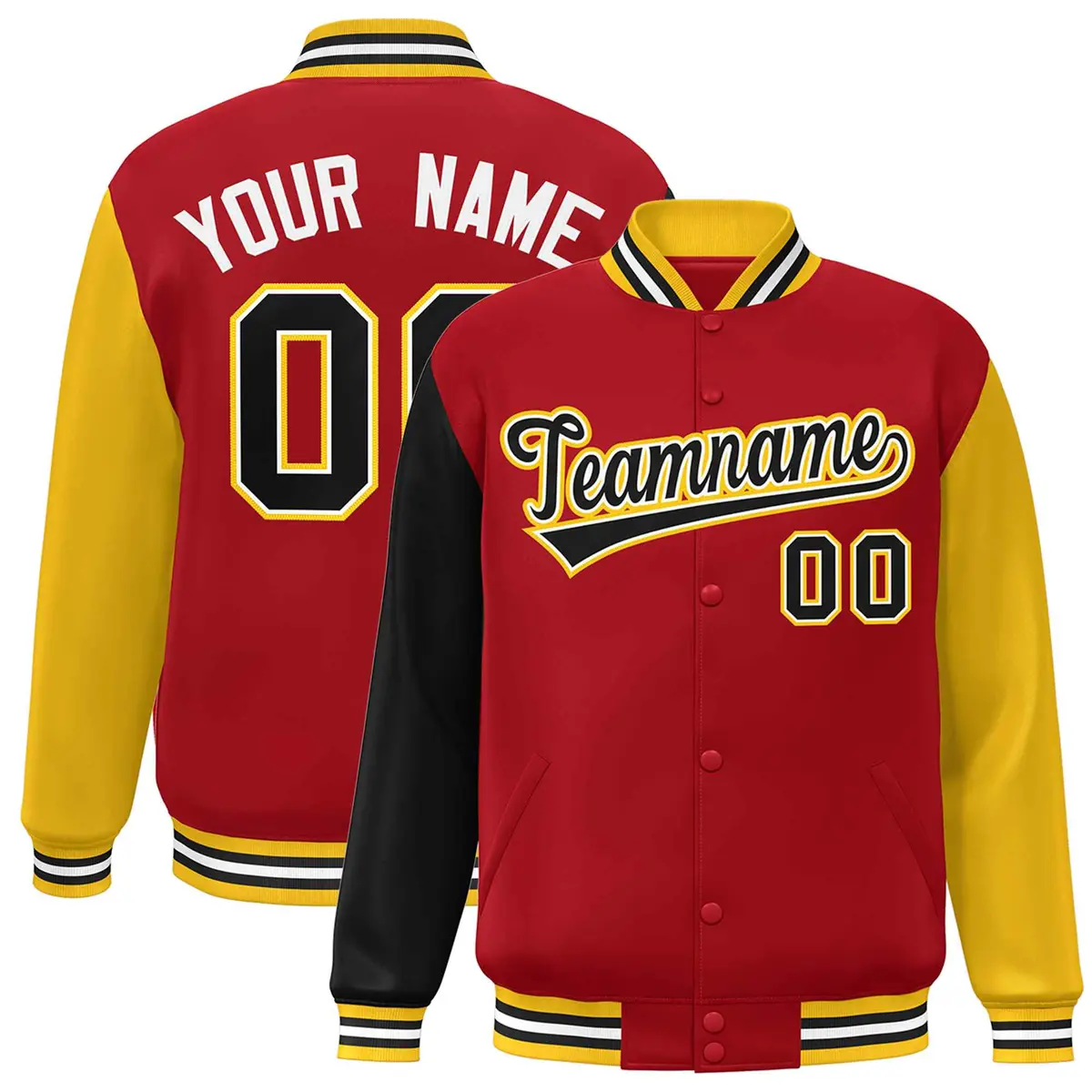 Red Black-White Raglan Full-Snap Varsity Letterman Jacket