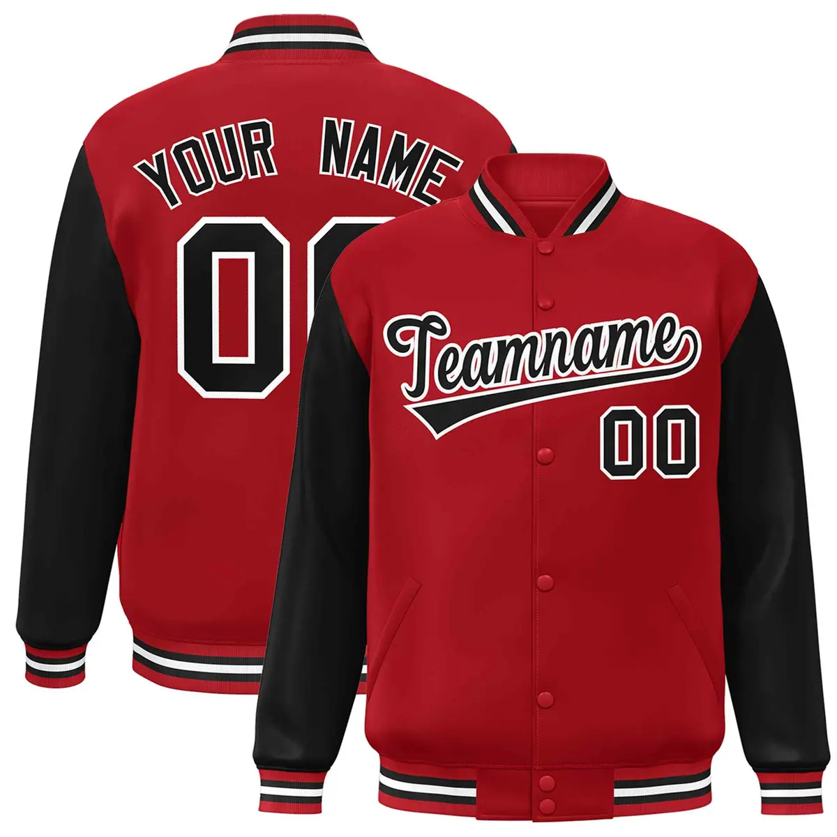 Red Black-White Raglan Full-Snap Varsity Letterman Jacket