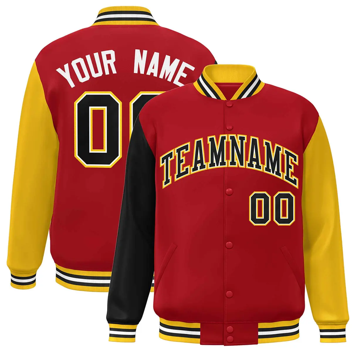 Red Black-White Raglan Full-Snap Varsity Letterman Jacket