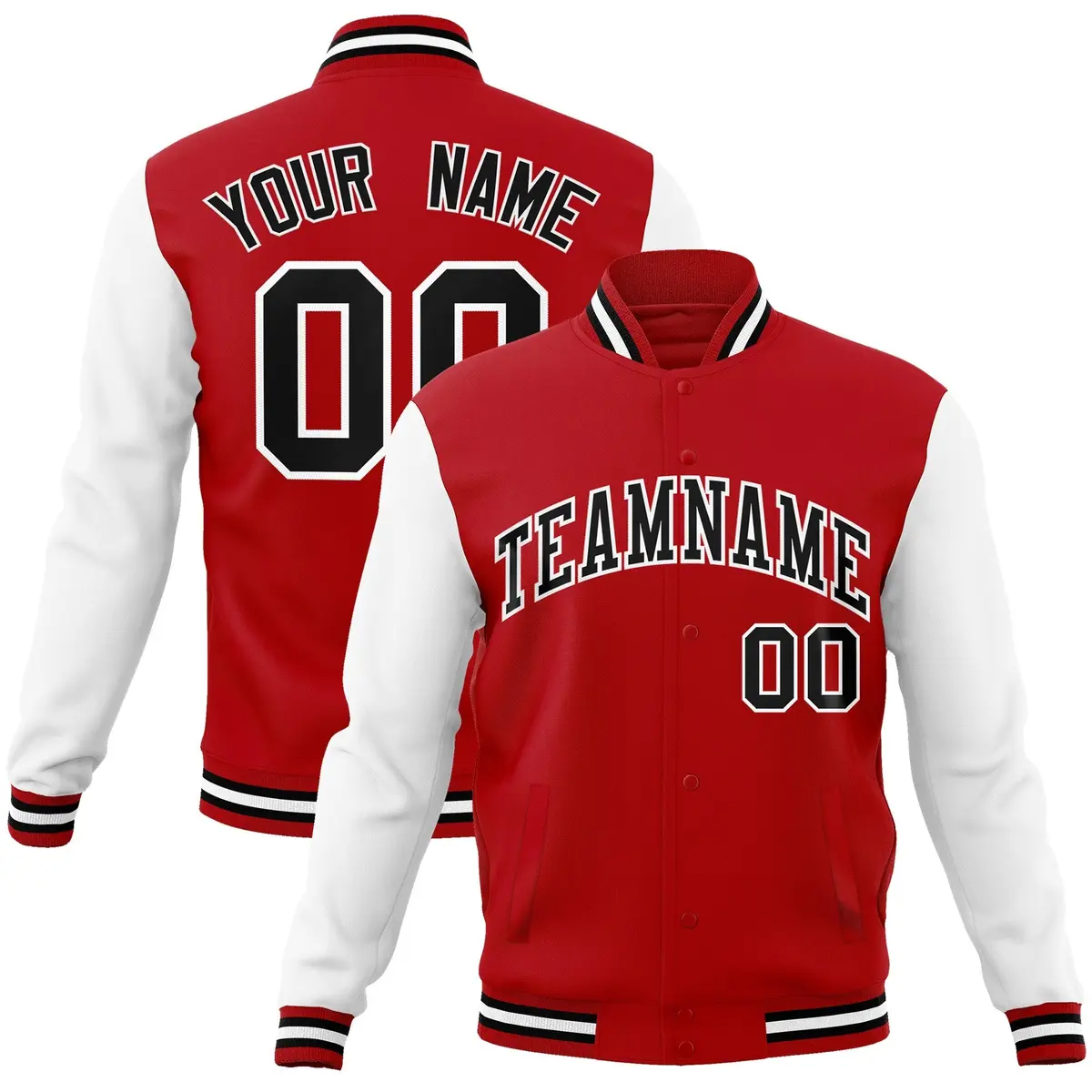 Red Black-White Raglan Full-Snap Varsity Letterman Jacket
