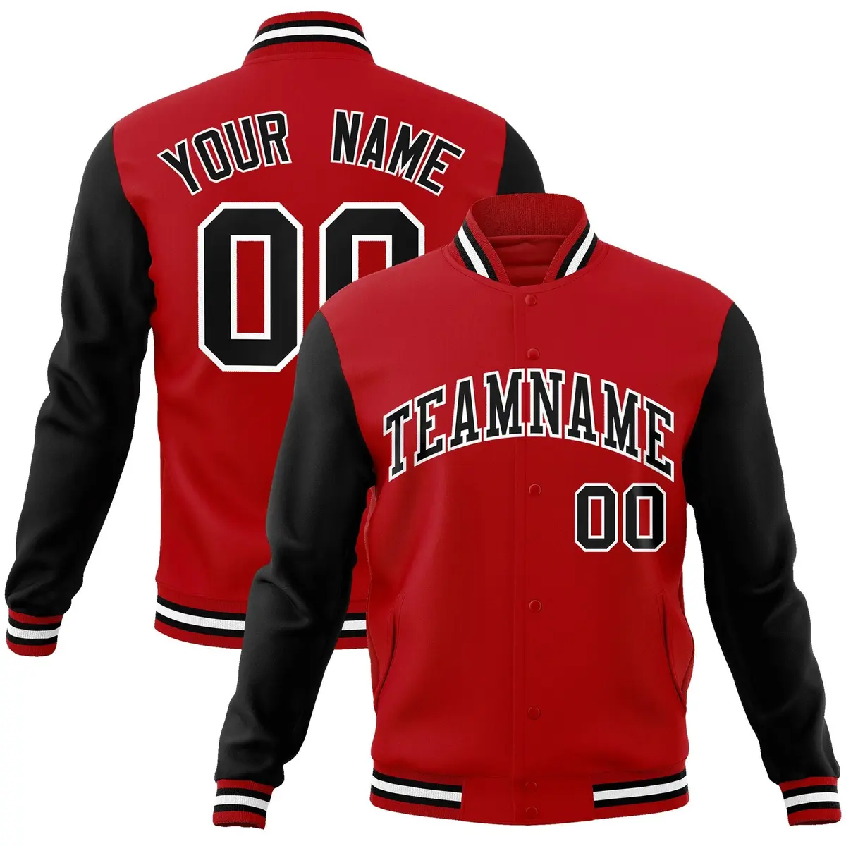 Red Black-White Raglan Full-Snap Varsity Letterman Jacket