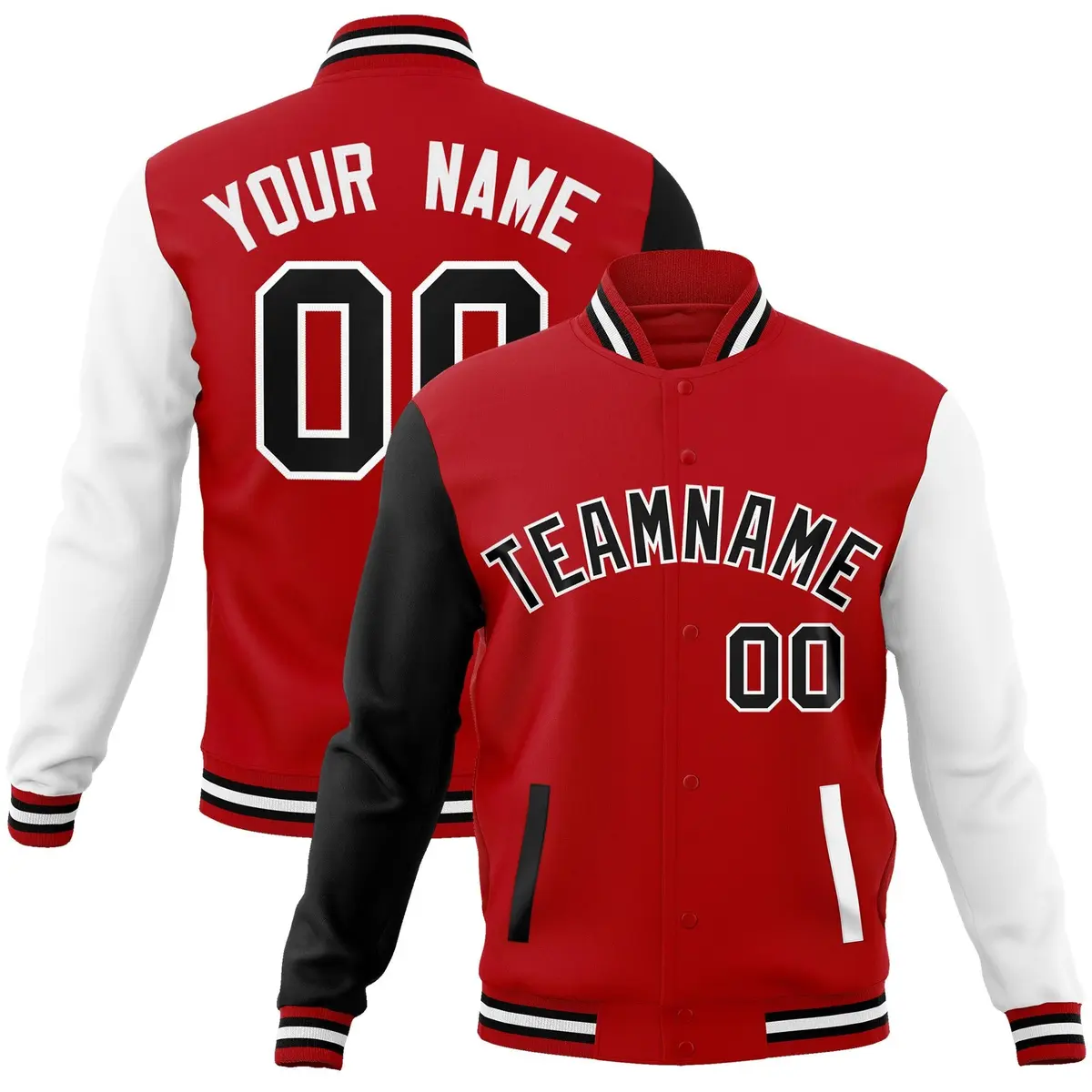 Red Black-White Raglan Full-Snap Varsity Letterman Jacket