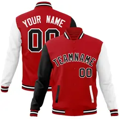 Red Black-White Raglan Full-Snap Varsity Letterman Jacket