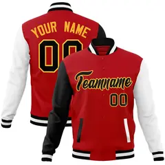 Red Black-White Raglan Full-Snap Varsity Letterman Jacket