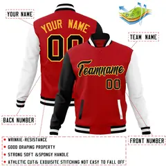 Red Black-White Raglan Full-Snap Varsity Letterman Jacket 4