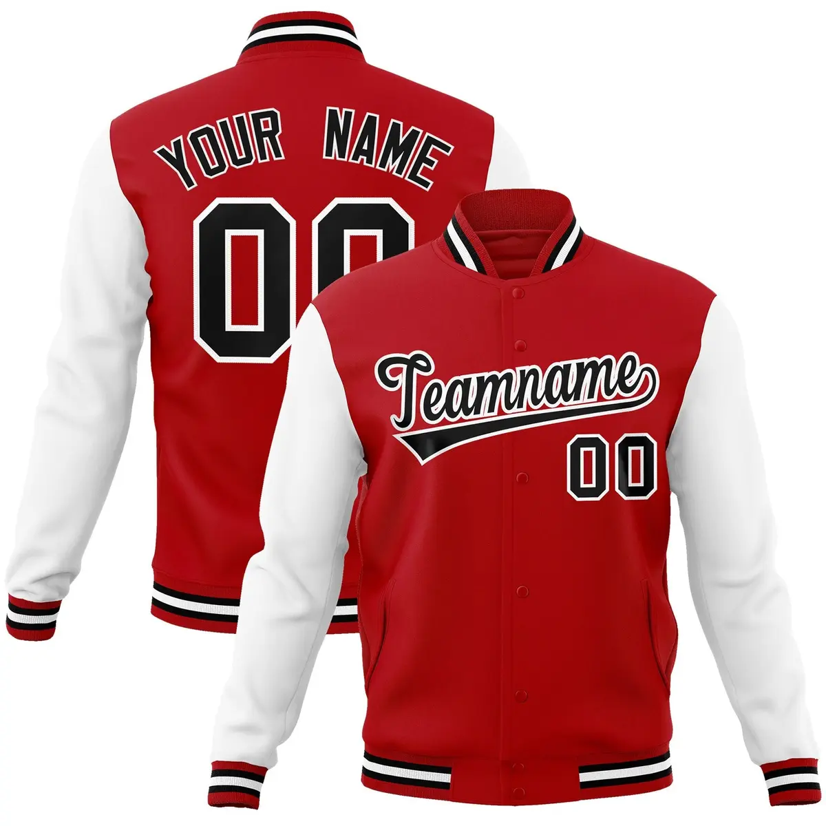 Red Black-White Raglan Full-Snap Varsity Letterman Jacket