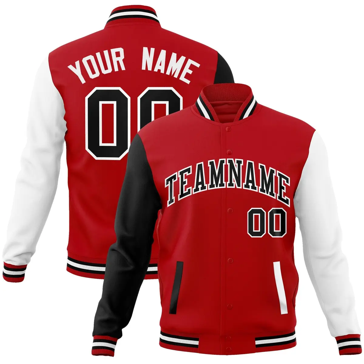 Red Black-White Raglan Full-Snap Varsity Letterman Jacket
