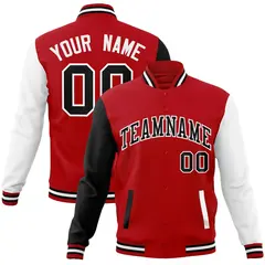 Red Black-White Raglan Full-Snap Varsity Letterman Jacket