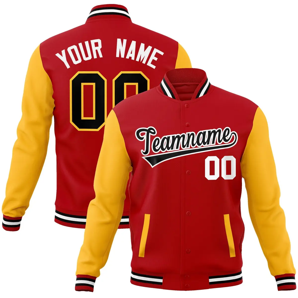 Red Black-White Raglan Full-Snap Varsity Letterman Jacket