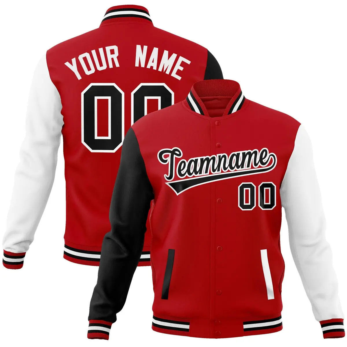 Red Black-White Raglan Full-Snap Varsity Letterman Jacket