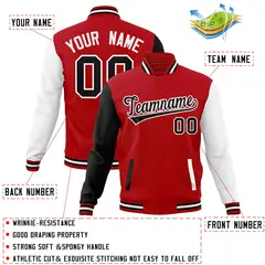 Red Black-White Raglan Full-Snap Varsity Letterman Jacket 4