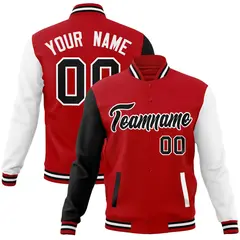 Red Black-White Raglan Full-Snap Varsity Letterman Jacket