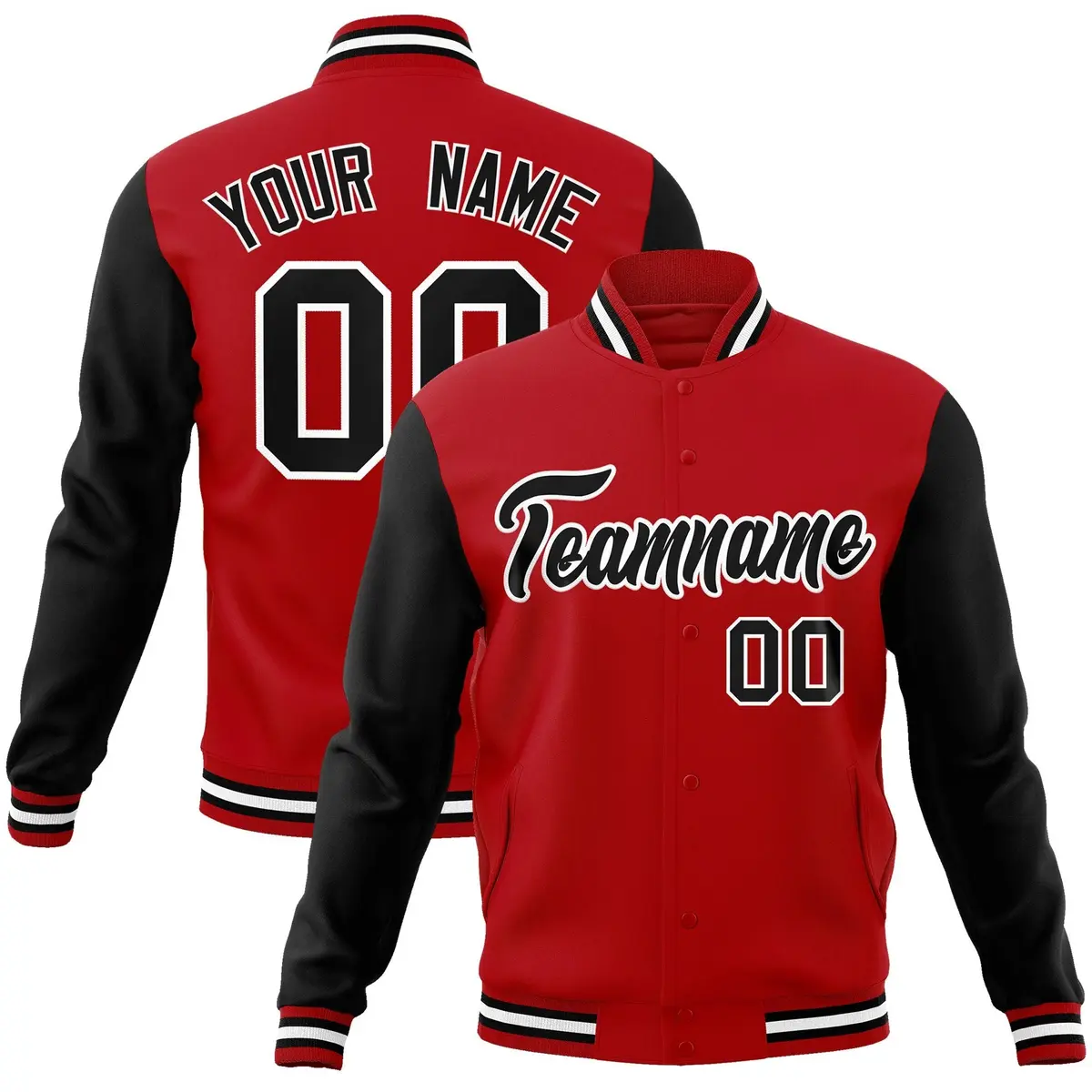 Red Black-White Raglan Full-Snap Varsity Letterman Jacket