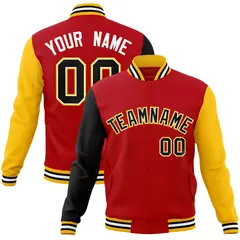 Red Black-White Raglan Full-Snap Varsity Letterman Jacket