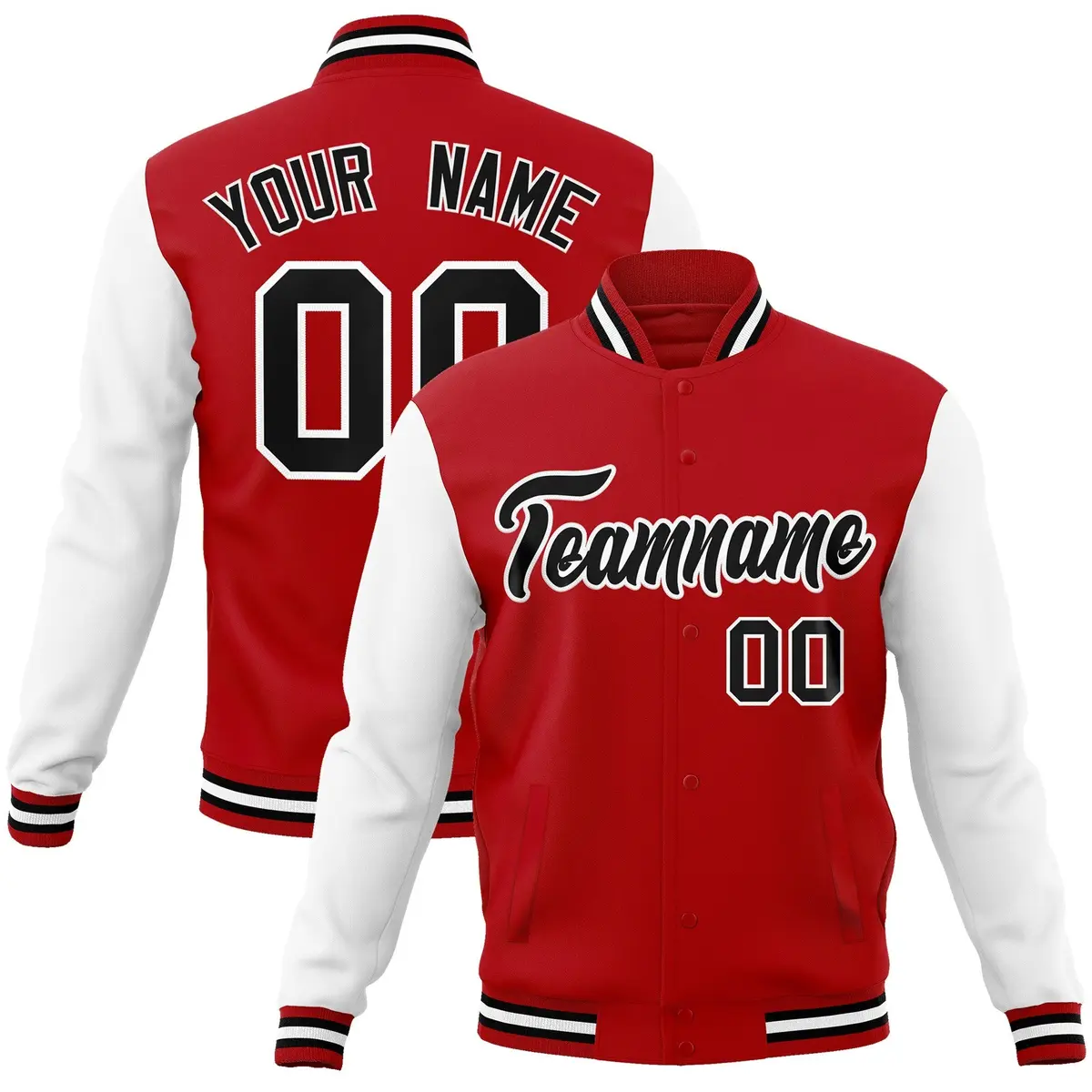 Red Black-White Raglan Full-Snap Varsity Letterman Jacket