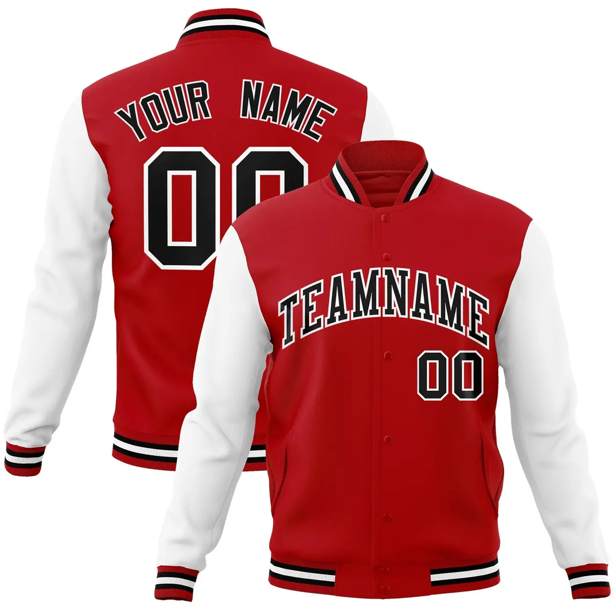 Red Black-White Raglan Full-Snap Varsity Letterman Jacket