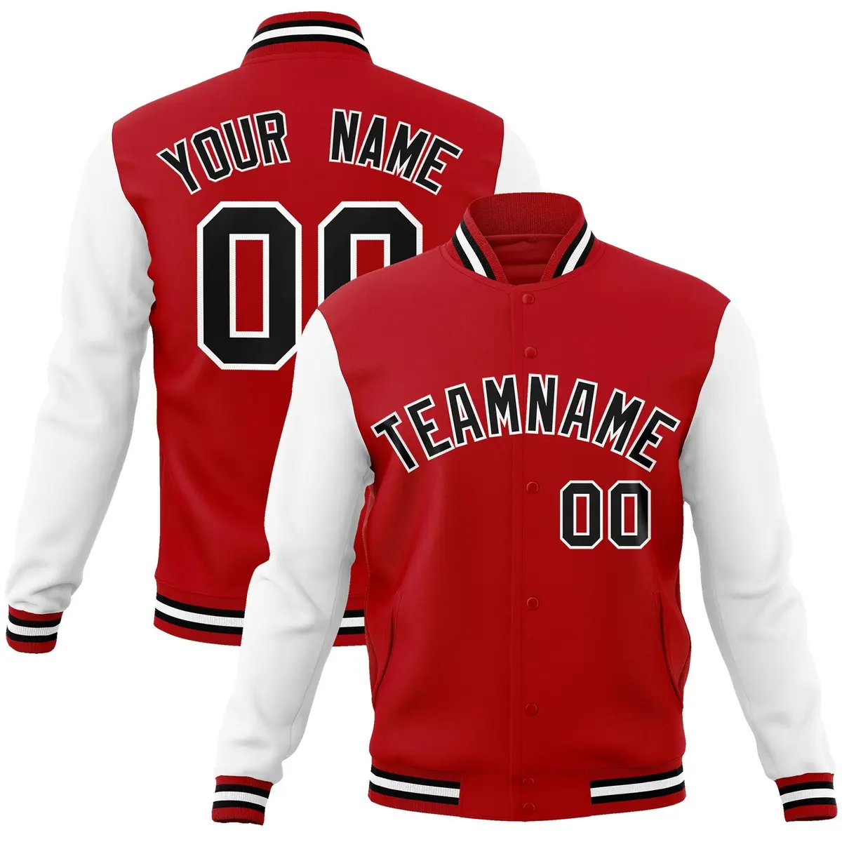 Red Black-White Raglan Full-Snap Varsity Letterman Jacket