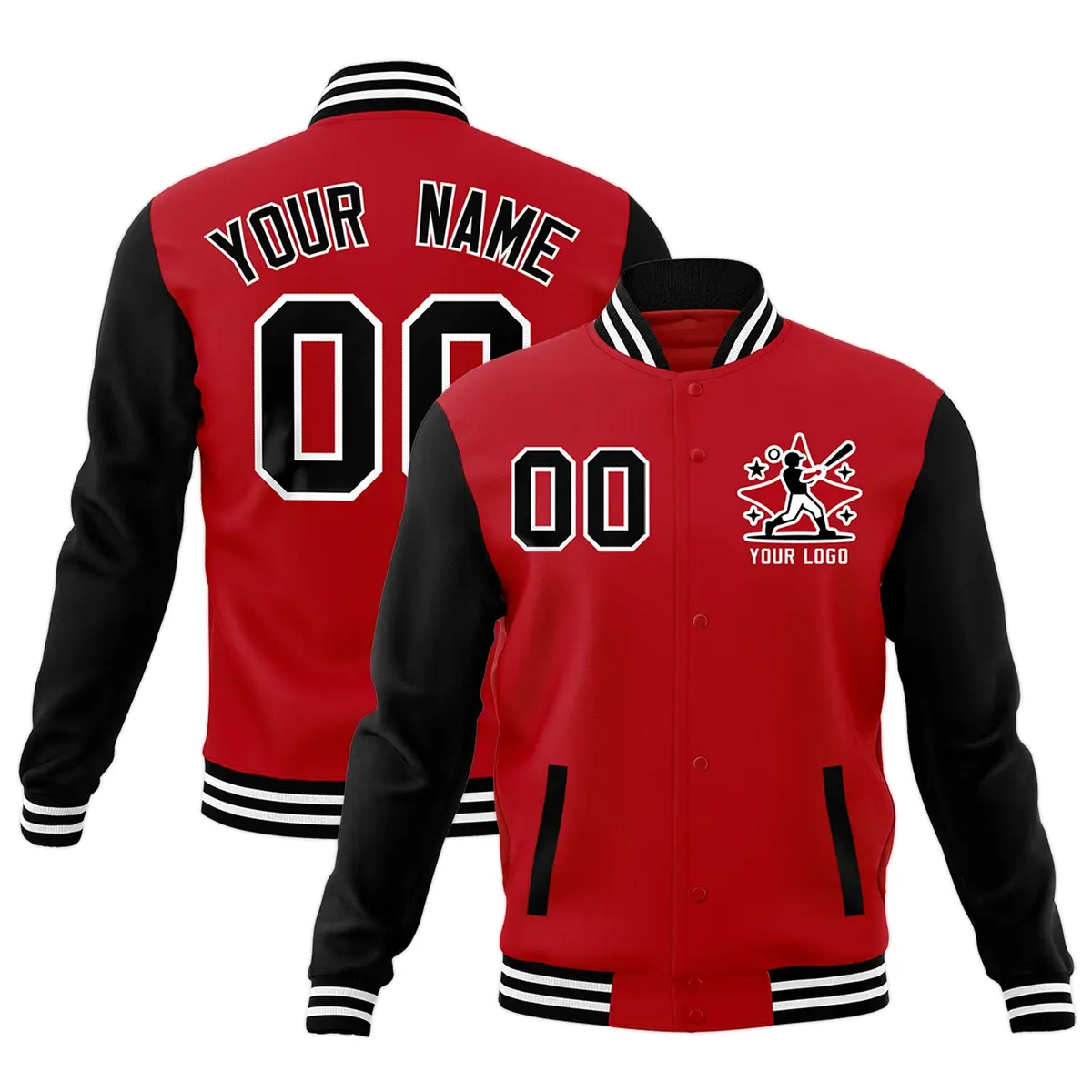 Red Black White Raglan Sleeves Full-Snap Letterman Cotton Jacket