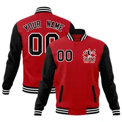 Red Black White Raglan Sleeves Full-Snap Letterman Cotton Jacket 1