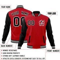 Red Black White Raglan Sleeves Full-Snap Letterman Cotton Jacket 2