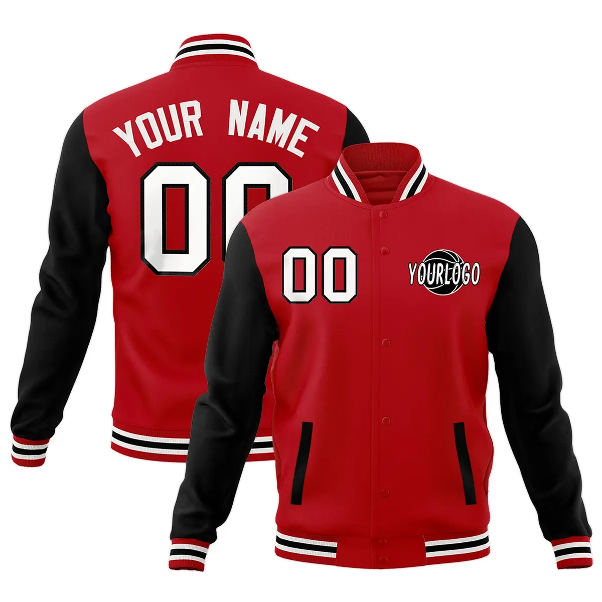 Red Black White Raglan Sleeves Letterman Cotton Jacket