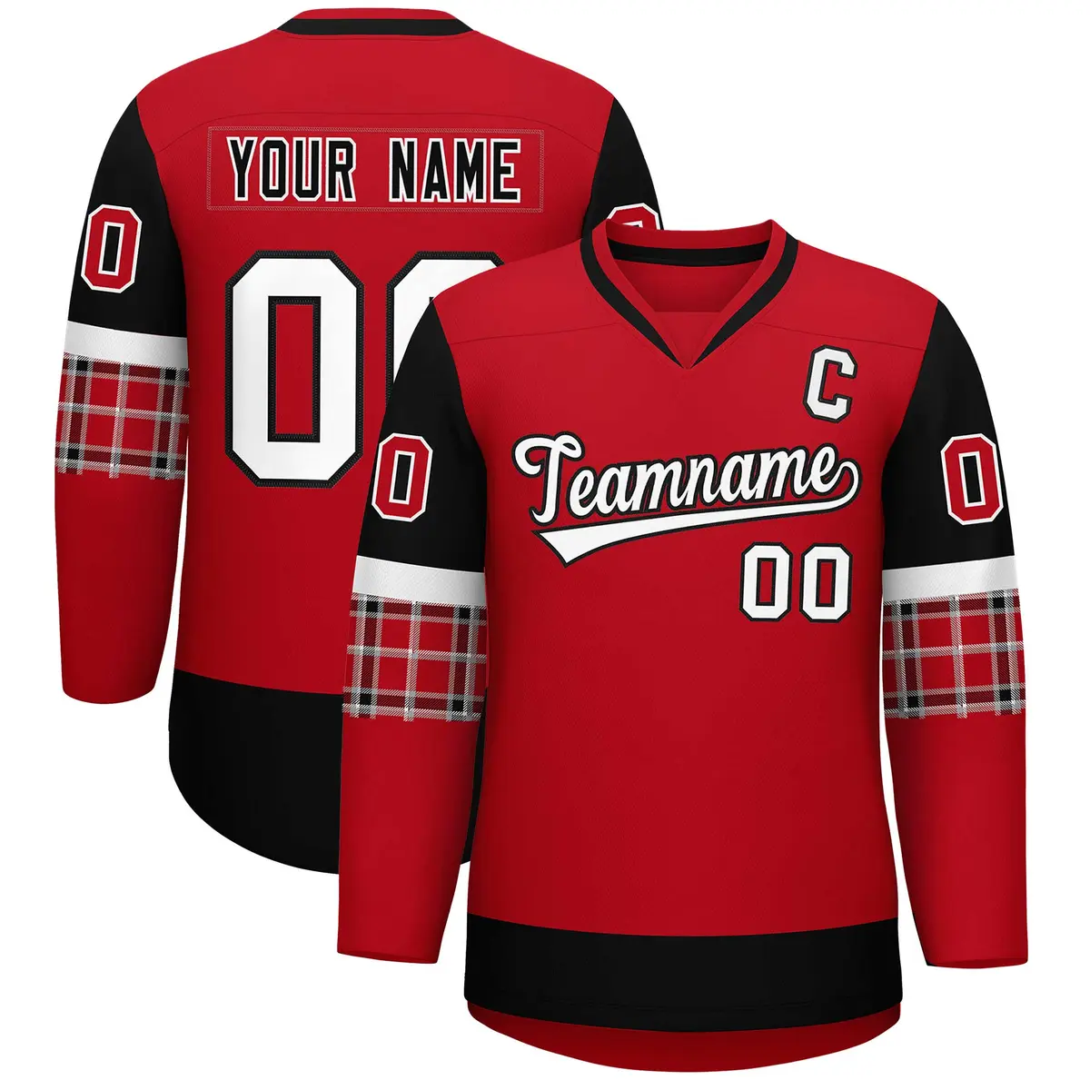 Red Black-White Raglan Sleeves V-Neck Hockey Jersey