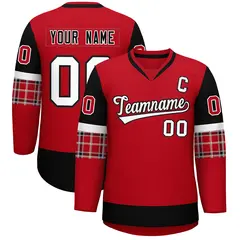 Red Black-White Raglan Sleeves V-Neck Hockey Jersey