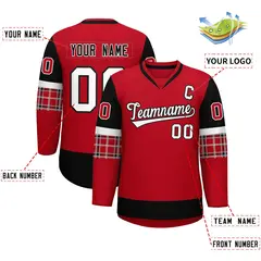 Red Black-White Raglan Sleeves V-Neck Hockey Jersey 2