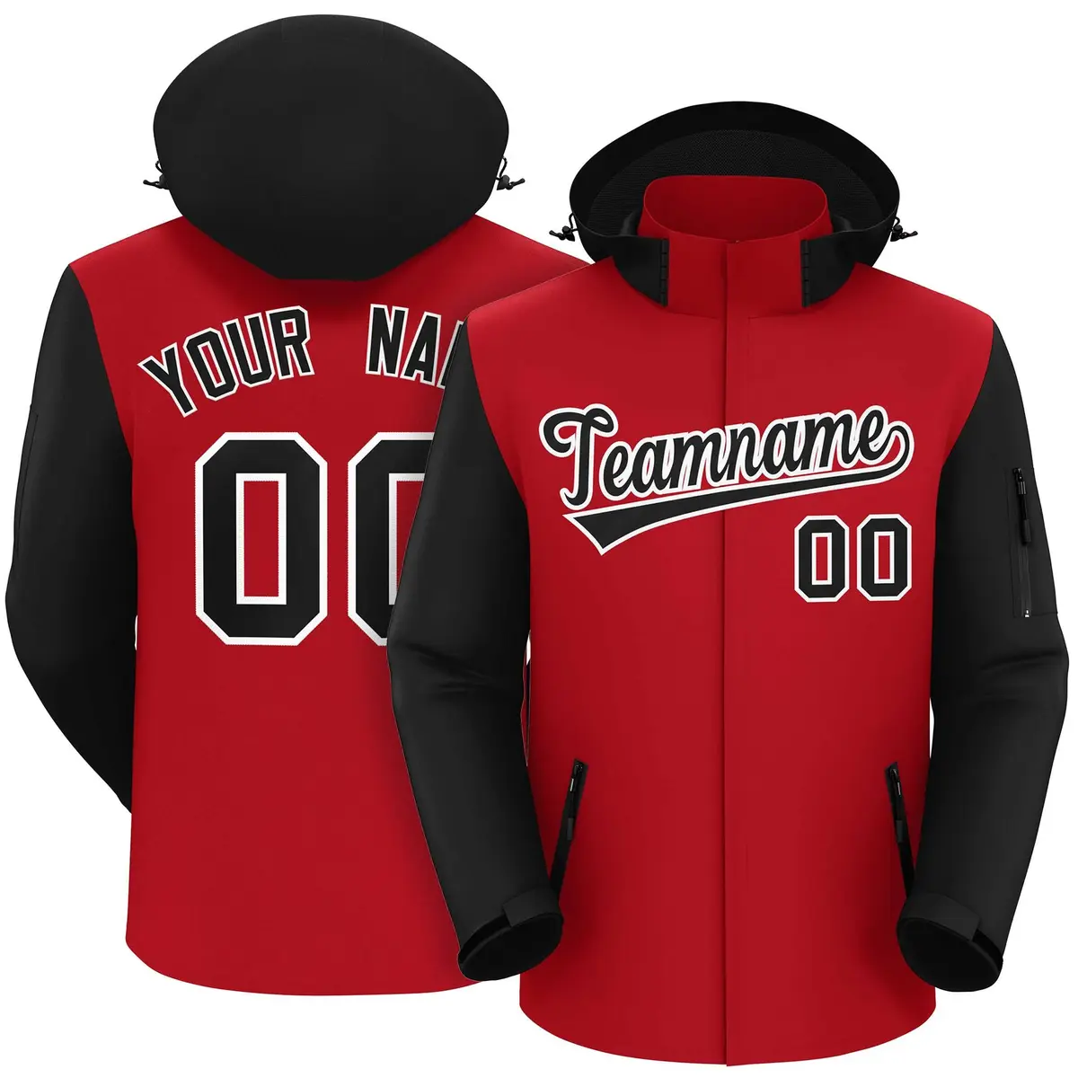 Red Black-White Raglan Sleeves Waterproof Jacket