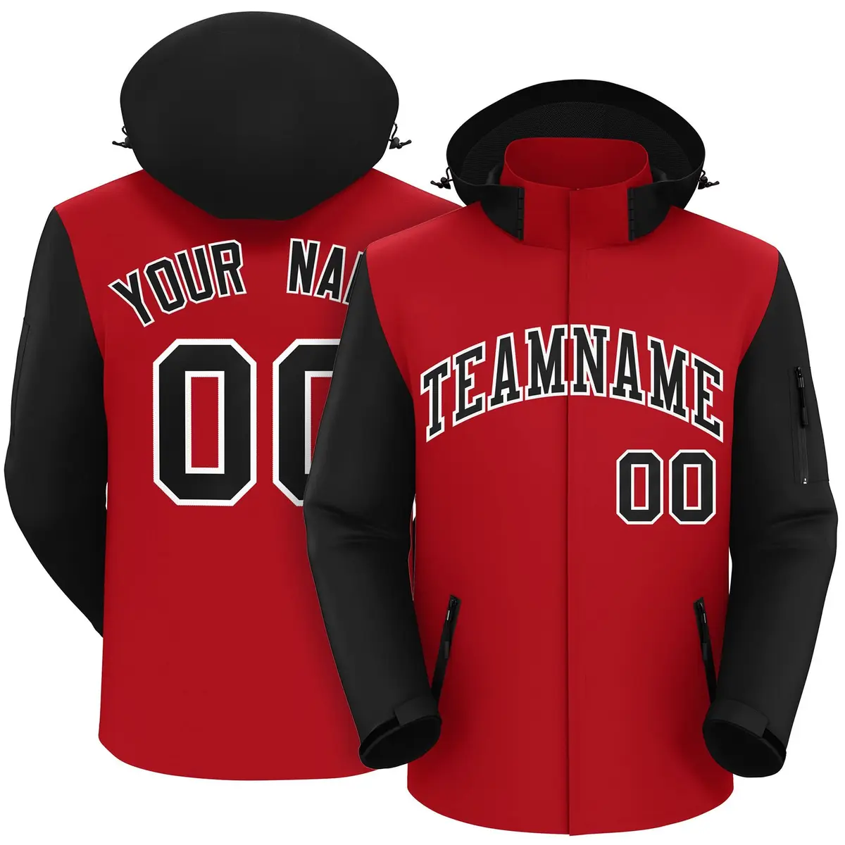 Red Black-White Raglan Sleeves Waterproof Jacket