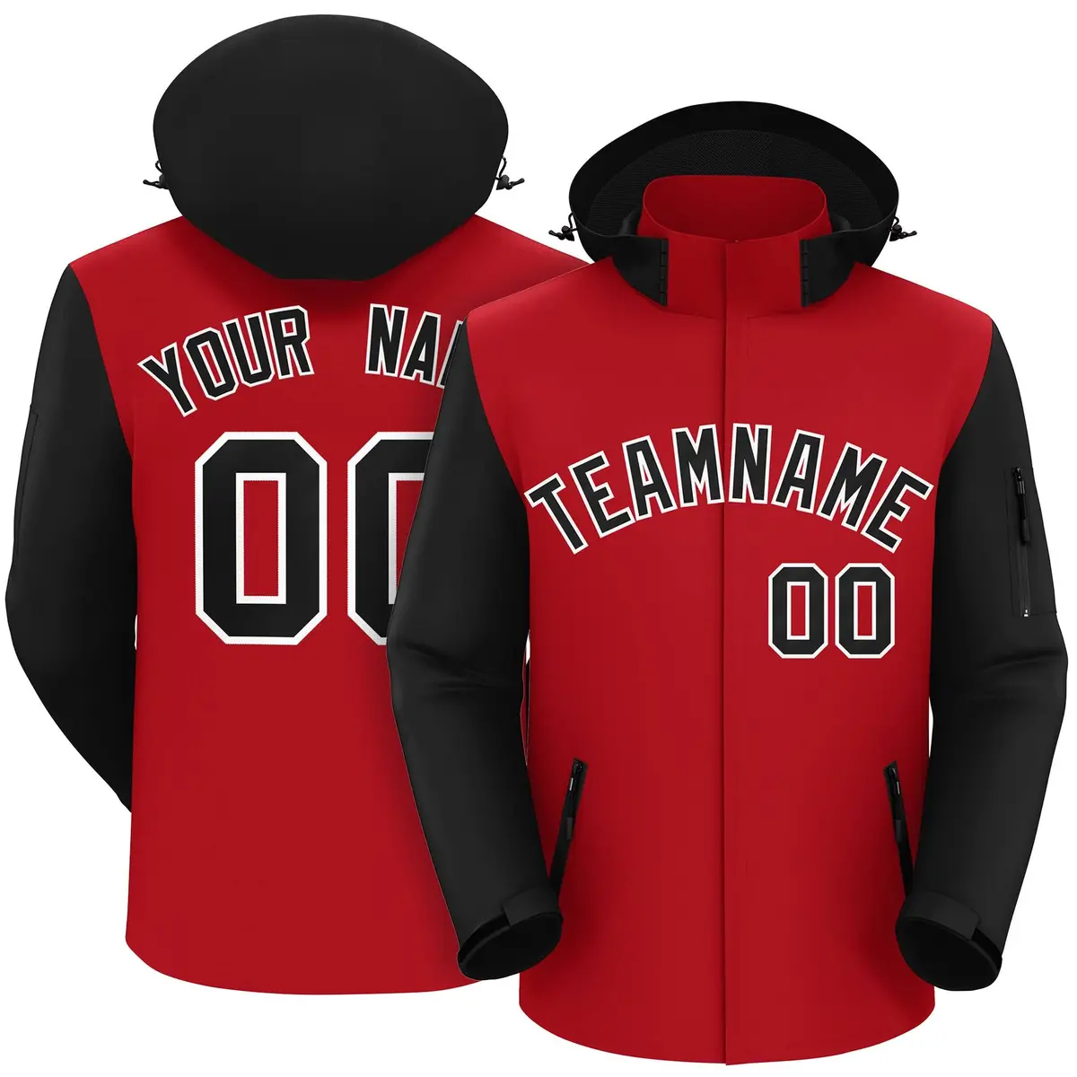 Red Black-White Raglan Sleeves Waterproof Jacket
