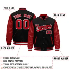 Red Black White Raglan Varsity Full-Snap Letterman Jacket 2