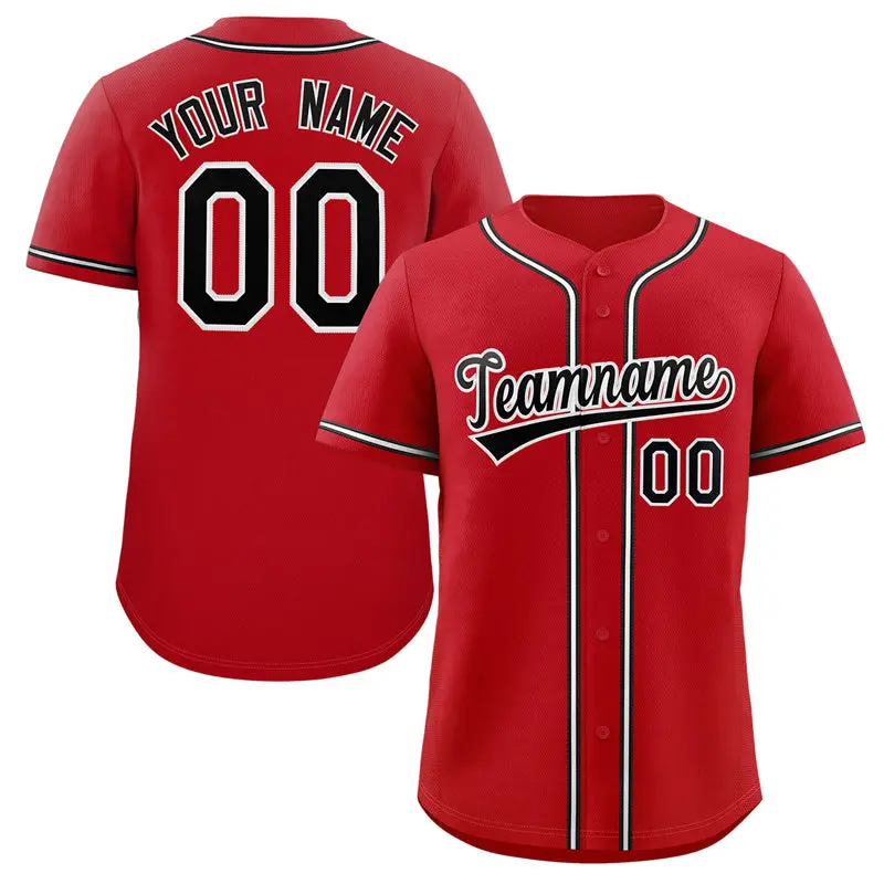 Red Black-White Solid Full-Button Baseball Jersey