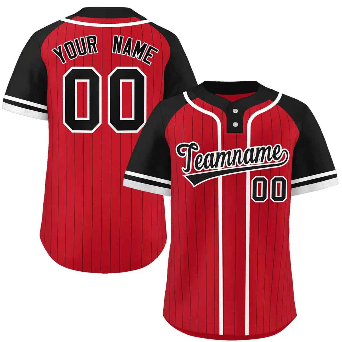 Red Black-White Stripe Raglan Two-Button Softball Jersey