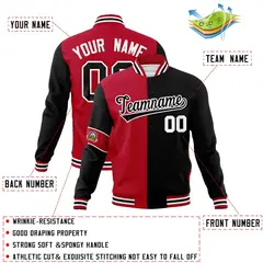 Red Black-White Two Tone Split Letterman Varsity Jacket 4