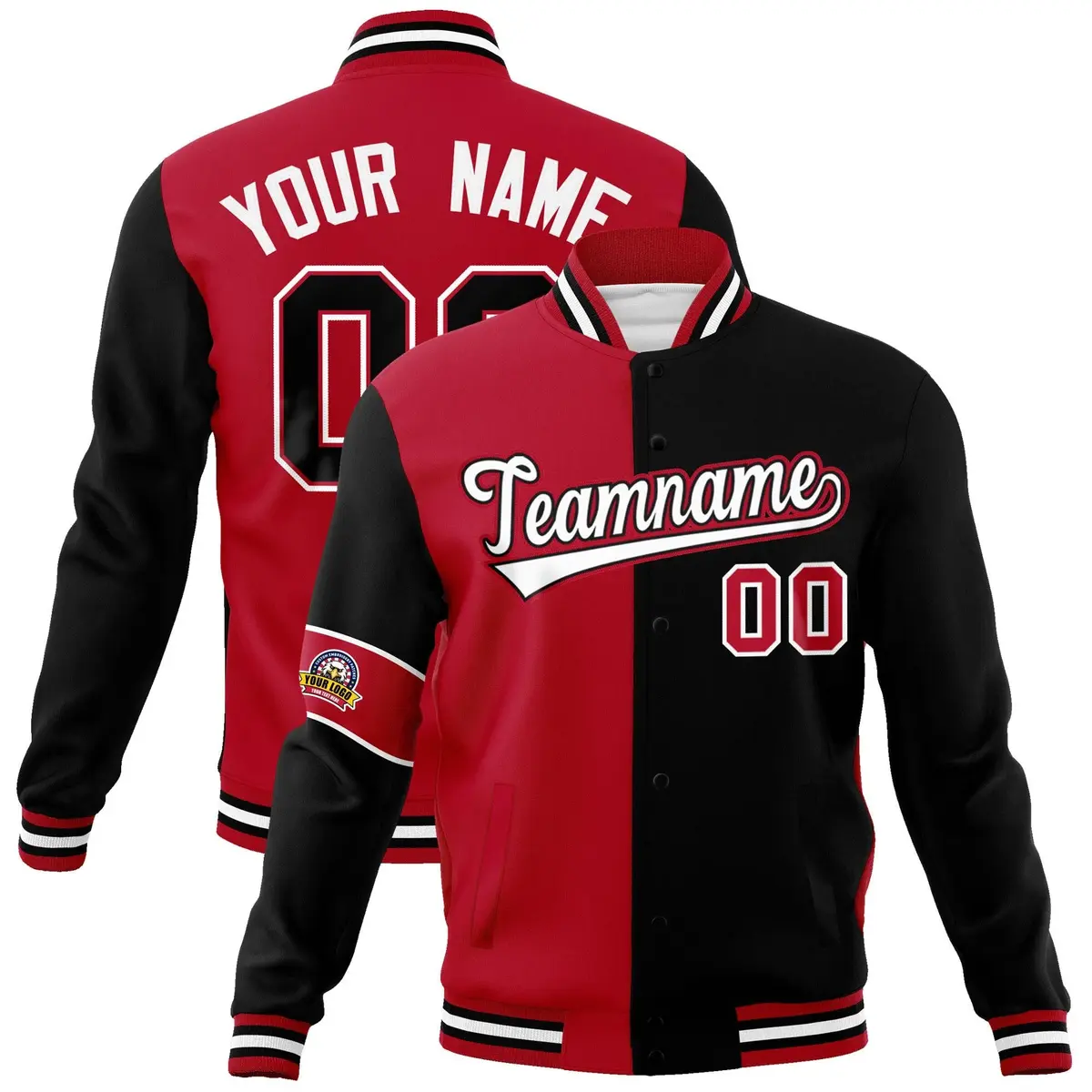 Red Black-White Two Tone Split Letterman Varsity Jacket