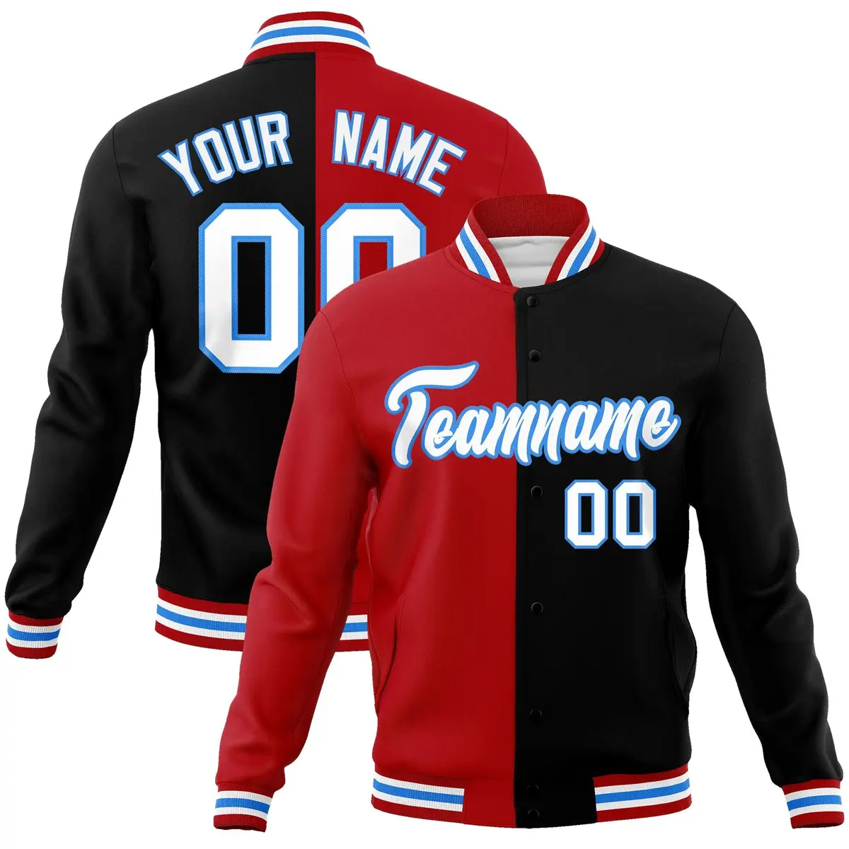 Red Black-White Two Tone Split Varsity Full-Snap Letterman Jacket